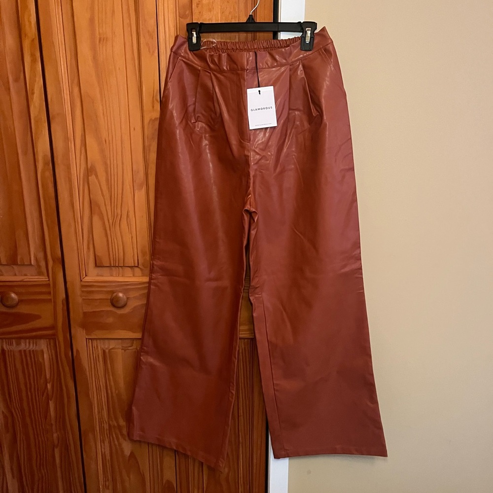 Glamorous Tan Faux Leather Wide Leg Trousers NWT Sz 16